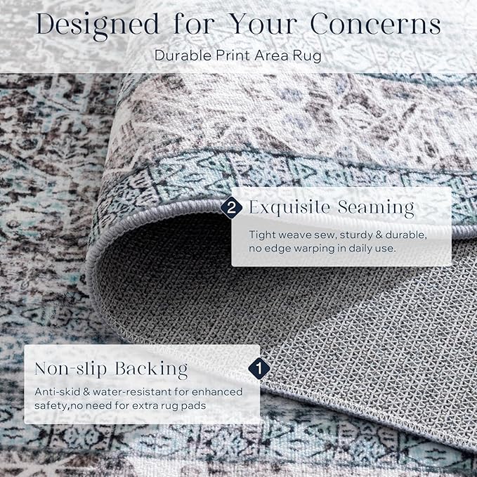 Phantoscope Vintage Collection Area Rug 9'x12' - Washable Rug Boho Rugs Non-Slip for Living Room, Bedroom, Dining Room, Dorm, Indoor Low-Pile Carpet Distressed Accent Rug, Blue/Grey