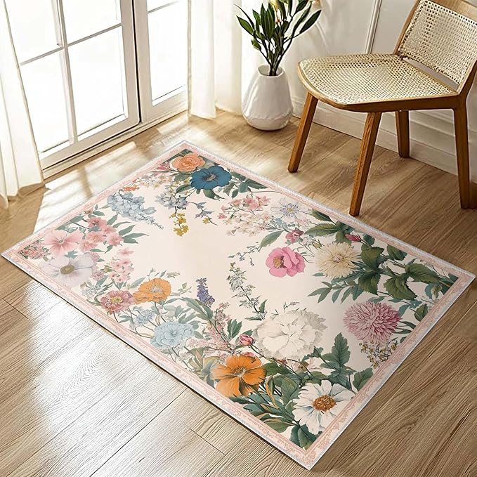 2x3 Entryway Rugs Machine Washable Area Rug Blue Yellow Pink White Floral Boho Botanical Leaf Flower Rug Non-Slip Low Pile Door Mat Entrance Small Carpet for Home Kitchen Bathroom Bedroom