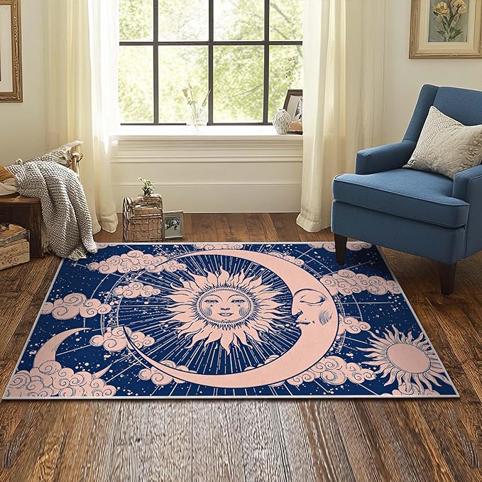 3x5 Entryway Rug Hippie Tarot Celestial Sun and Moon Navy Blue Area Rug Bedroom Bedside Ultra-Thin Small Carpet Bathroom Non Slip Indoor Low Pile Door Mat Kitchen Stain Resistant Washable Machine