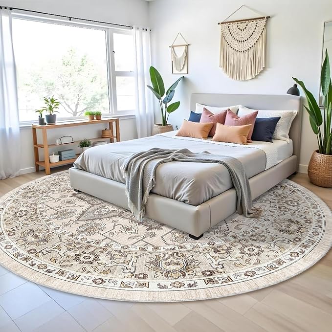 RUUGME Washable 9 ft Round Rug - Large Boho Rugs for Living Room Stain Resistant Carpet Vintage Tribal Rugs for Bedroom Kitchen with Non Slip Backing Floor Decoration Mat 9ft Ivory