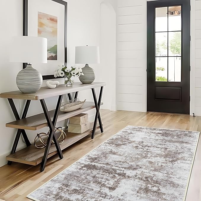 3x5 Abstract Washable Area Rug, Doormat Rugs, No Pile, Tear and Stain Resistance, Non-Slip, Hand Woven Style Thin Entryway Rug Throw Rug for High Traffic Entrance Bedside- Brown