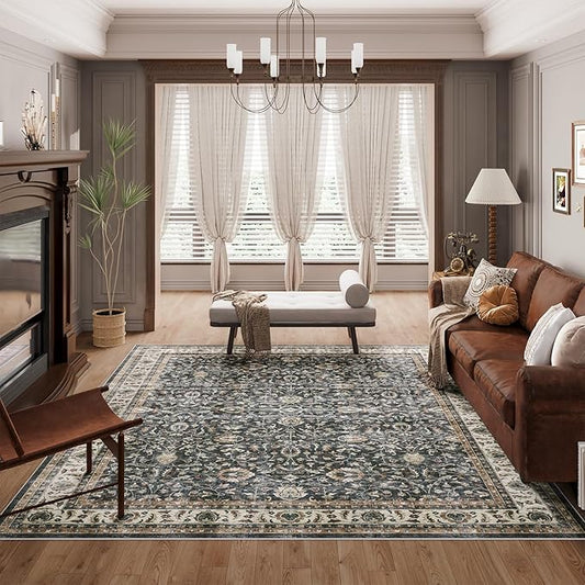 Dripex 8x10 Area Rugs, Machine Washable Non Slip Distressed Boho Rugs,Large Area Rug for Bedroom Aesthetic, No Pile Lightweight Vintage Rug, Carpet for Living Room Dining Room Den,Blue and Brown