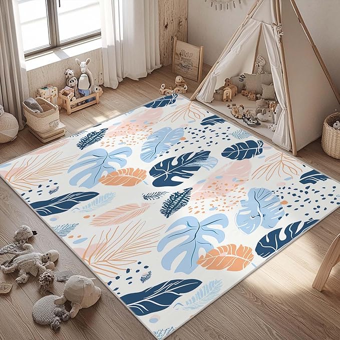 4x6 Rug Boho Botanical Tropical Leaf White Area Rug Bedroom Ultra-Thin Soft Low Pile Large Carpet Living Room Non Slip Dining Room Office Stain Resistant Washable Machine