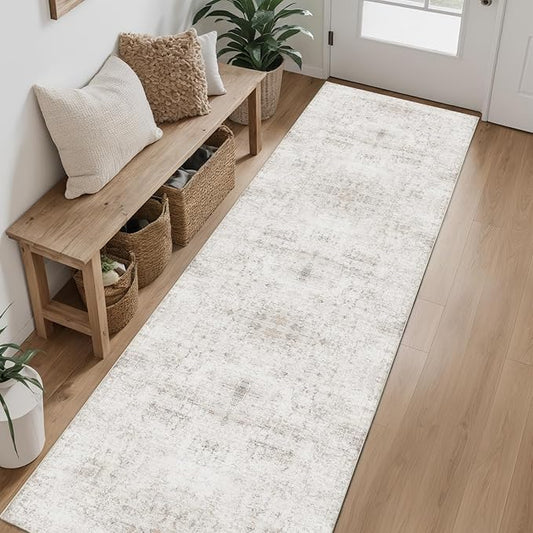 Hallway Runner Rug 2x8 Washable Area Rugs, Vintage Floral Rug Soft Non Slip Stain Resistant Boho Floor Carpet Runners for Hallways Entryway Laundry Room Kitchen Bathroom, and Bedroom Beige