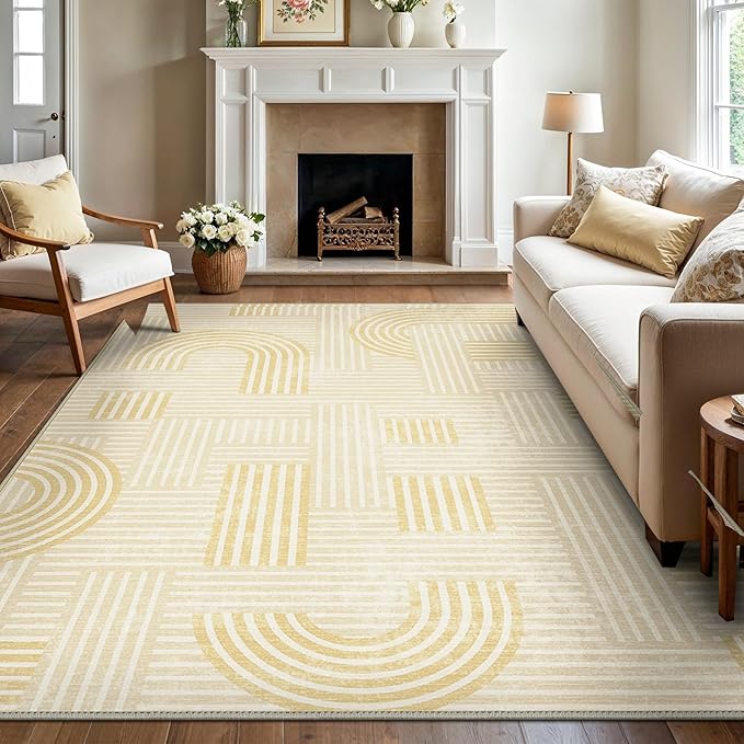 Bavni Area Rugs 8x10, Modern Soft Bedroom Rug, Machine Washable Rug Non Slip, Abstract Low Pile Large Rugs for Living Room, Dining Room, Abstract Yellow Beige