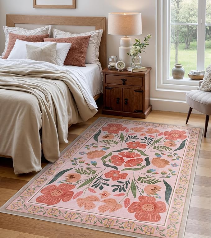 Beige Boho Washable Area Rug 5x7, Floral Soft Non Slip Kids Rugs for Bedroom, Ultra-Thin Colorful Living Room Carpet, Farmhouse Botanical Carpet for Nursery Playroom (5x7ft,Beige)