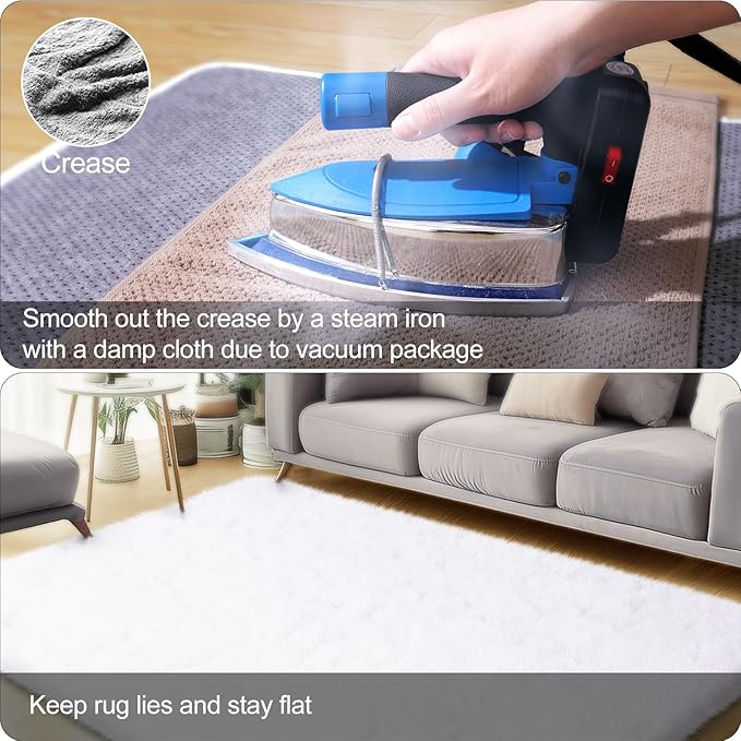 White Rug for Bedroom, 2x3 Fluffy Area Rugs for Living Room, Small Soft Shag Fuzzy Shaggy Carpets for Kids Boys and Girls Dorm with 4 Non-Slip Rug Tapes Room Home Decor (2ft x 3ft, White)