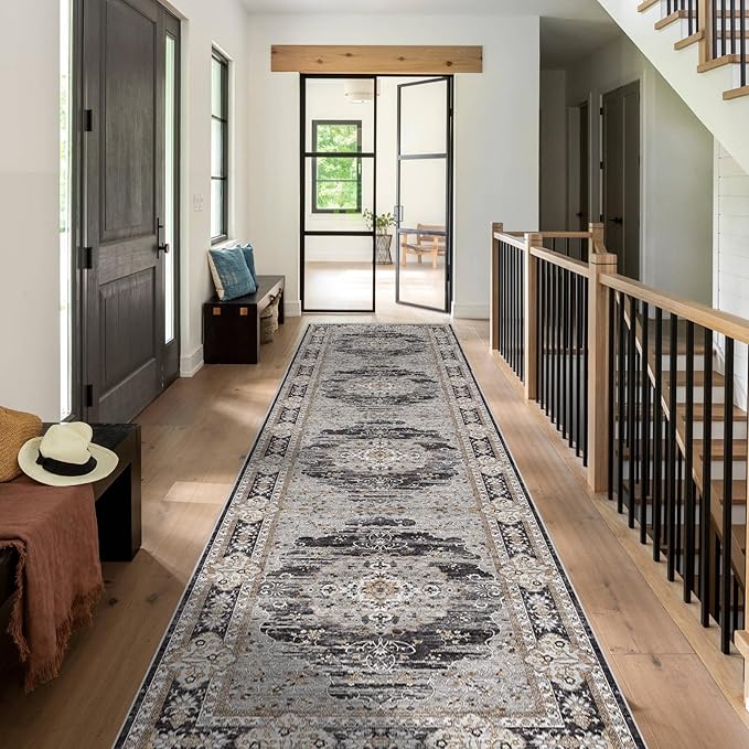 3x12 Runner Rug for Hallway Washable: Non Slip Kitchen Rugs with Rubber Backing Soft Waterproof Mats Stain Resistant Indoor Vintage Carpet Runner for Bedroom Bathroom Laundry Entryway Black/Gray