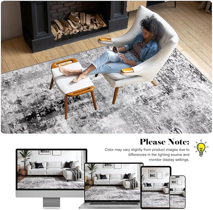 Washable Abstract Rug, 8x10 Modern Area Rugs with Non-Slip Rubber Backed for Living Room, Thin but Soft Contemporary Carpet Kitchen Bedroom Dining Room Decor, Dark Grey