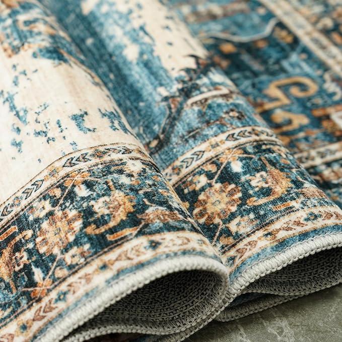 RUUGME 10x12 Area Rug Washable - Vintage Lightweight Rugs for Bedroom Soft Area Rugs for Living Room Stain Resistant Carpet with Non Slip Backing Indoor Ultra-Thin Rugs Home Decor 10x12 Blue