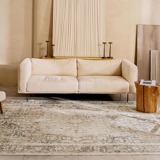 Kokia 6x9 Area Rugs for Living Room, Machine Washable Non Slip Vintage Boho Rugs, Low Pile Distressed Medallion Print Rug for Bedroom, Dining Room Olive 6 x 9