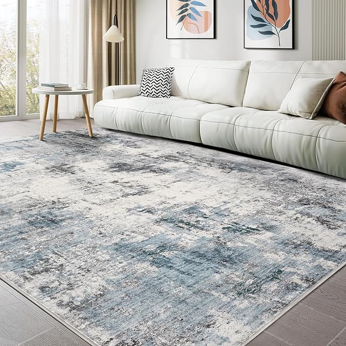 Washable Rug 8x10 Area Rugs for Living Room: Modern Abstract Neutral Soft Large Rug for Bedroom Dining Room Under Kitchen Table Home Office Decor - Grey Blue
