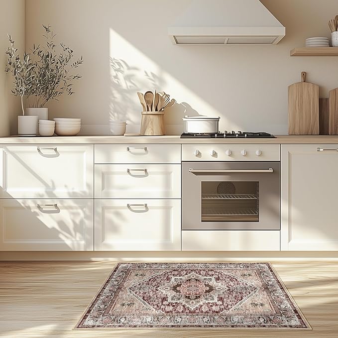 BESTSWEETIE 2x3 Area Rugs for Living Room Washable Non Slip Carpet Low Pile Soft Vintage Print Pattern Rug for Bedroom Dining Room Kitchen Entryway Indoor-Wine/Brown/Brick/Black/Light tan