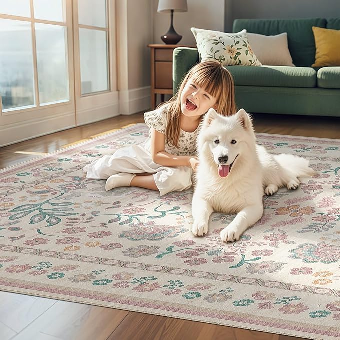 10x14 Area Rug Living Room Rugs - Washable Boho Vintage Floral Large Soft Non Slip Thin Rug Low Pile Carpet for Bedroom Dining Room Kids Playroom Office Decor Indoor- Pink