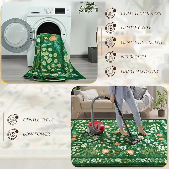 Area Rugs for Living Room, 6x9 Washable Non-Slip Rug for Bedroom, Vintage Floral Carpet for Home Office Nursery Dining Room Kitchen, Green