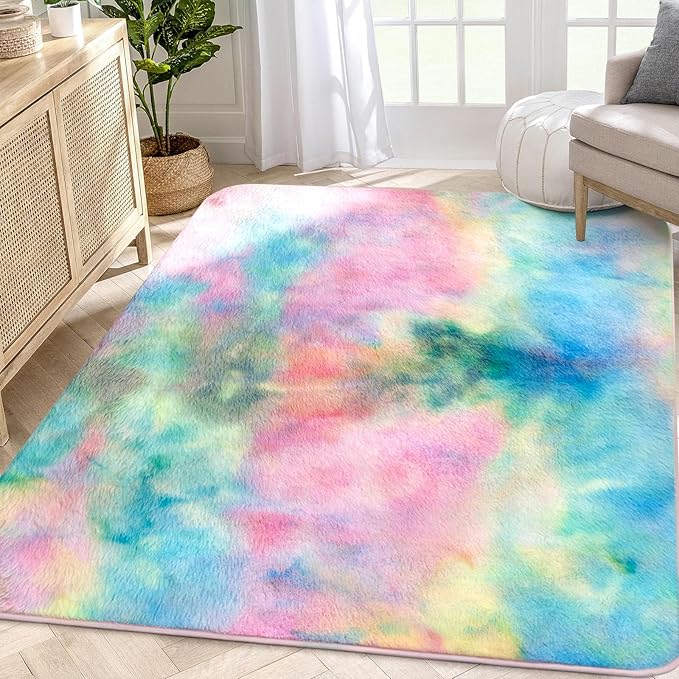 Ultra Soft Area Rug 4x6 Feet, Cosy Fuzzy Faux Fur Area Rug,Indoor Modern Plush Washable Shaggy Rugs for Bedroom Living Room Home Decor, Fluffy Carpet for Kids Room,Nursery,Dorm (Rainbow)