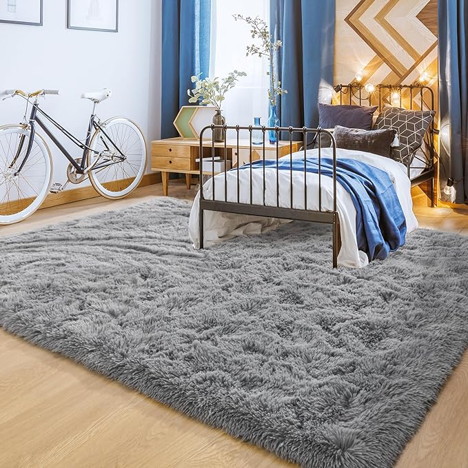 YJ.GWL Area Rugs for Living Room Bedroom, 6x9 Machine Washable Large Grey Carpet, Soft Fluffy Shaggy Thick Big Shag Indoor Floor Rug for Kids Boy and Girls Room Dorm Home Decor Aesthetic