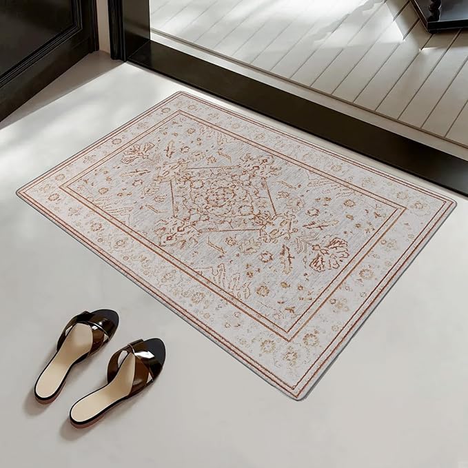 2x3 Small Washable Non-Slip Vintage Chenille Area Rug,Low Pile Distressed Floral Carpet for Entryway Kitchen, Boho Farmhouse Stain Resistant Indoor Rug