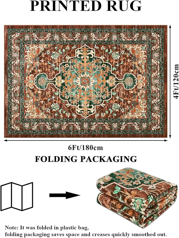 U'Artlines Boho Vintage Area Rug 4x6 ft Machine Washable Low Pile Soft Floor Carpet Non Slip Non Shedding Accent Rug for Living Room Bedroom Entryway Dining Room Office Rust＆Teal