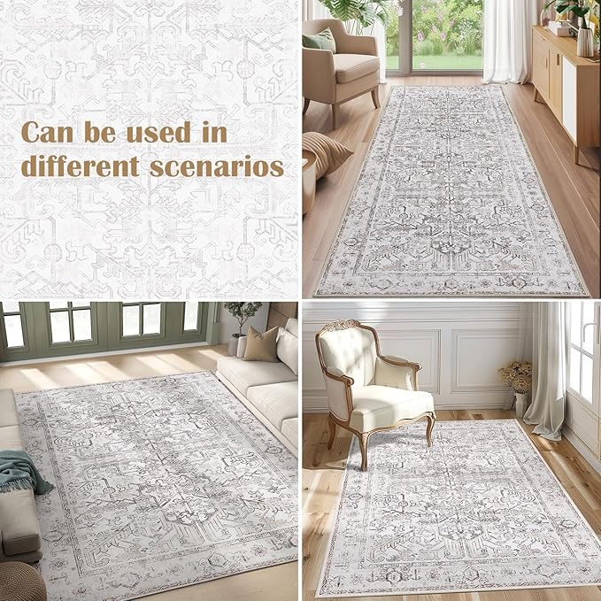 jinchan Kitchen Runner Rug 3x10 - Vintage Floral Machine Washable Non-Slip Hallway Runner Rug with Rubber Backing Ultra-Thin Carpet for Bedroom Laundry Room Farmhouse (3x10ft,Taupe)