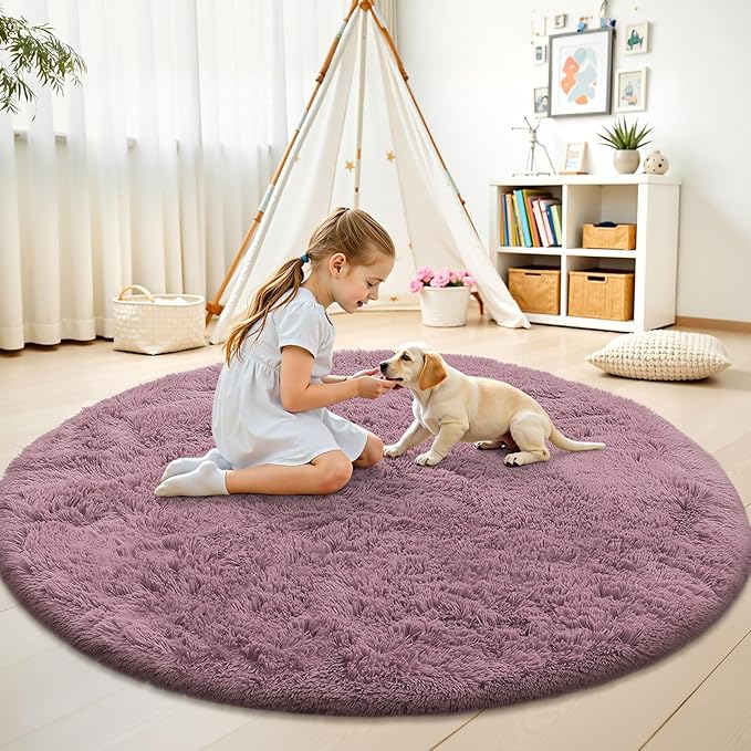 OLANLY Blush Round Rugs for Bedroom - Machine Washable, 7x7 Feet Circle Area Rugs for Living Room, Soft and Fluffy Shaggy Carpet for Teen Girls and Boys, Dorms, Nursery Rooms, Home Decor Aesthetic