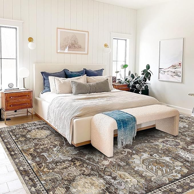 Washable Area Rugs - Perfect for Living Room, Bedroom, Kids Room, Nursery - Stain & Water Resistant Non-Slip, Pet & Child Friendly, Vintage Tribal Area Rugs (Ivory, 5' x 7')