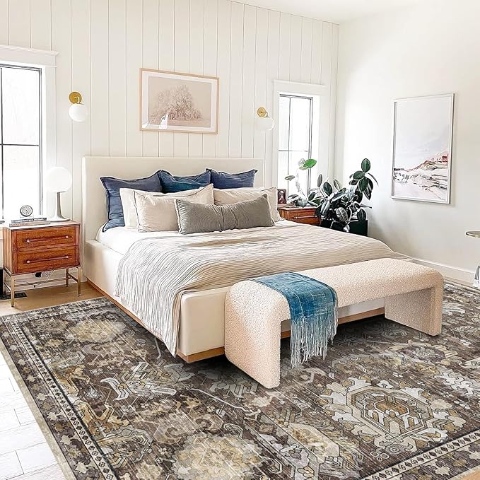 Washable Area Rugs - Perfect for Living Room, Bedroom, Kids Room, Nursery - Stain & Water Resistant Non-Slip, Pet & Child Friendly, Vintage Tribal Area Rugs (Ivory, 4' x 6')