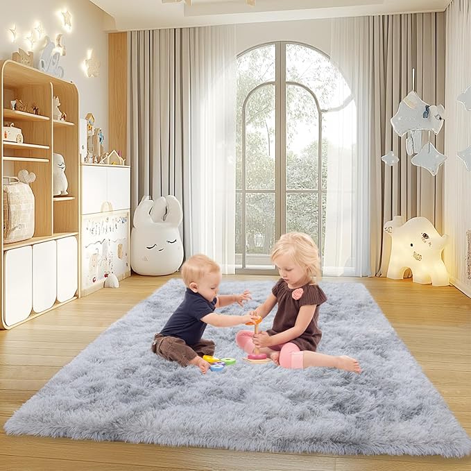 4x6 Rugs for Living Room, Large Fluffy Area Rugs for Bedroom, Soft Carpet Shag Kids Rug with 4 Non-Slip Rug Pads (Grey Tie-Dyed, 4ft x 6ft)