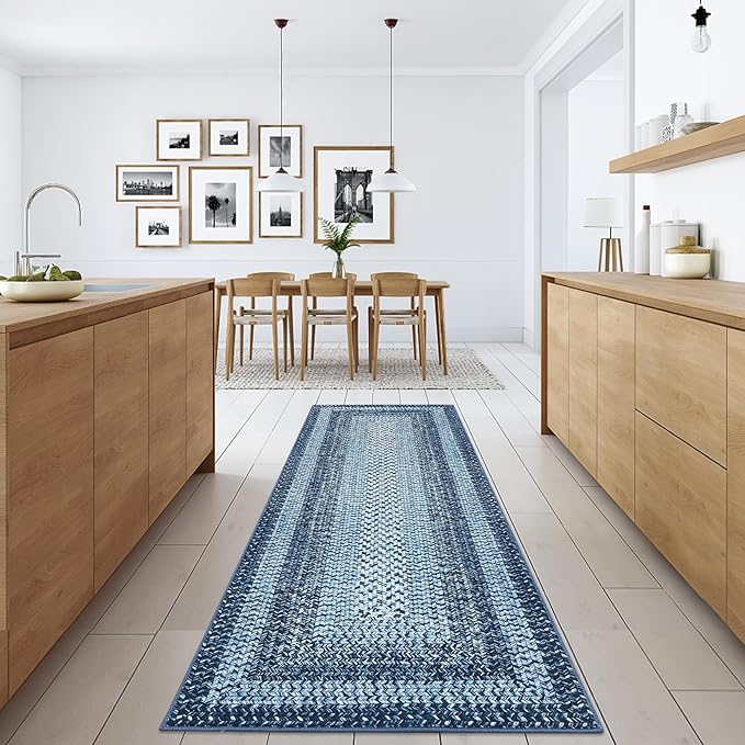 Washable Runner Rug 2x8 Bathroom Rugs Blue Modern Printed Braided Bedroom Rug Non Slip Geometric Area Rug Kitchen Rugs Stain Resistant Carpet for Laundry Room 2'x8' Blue
