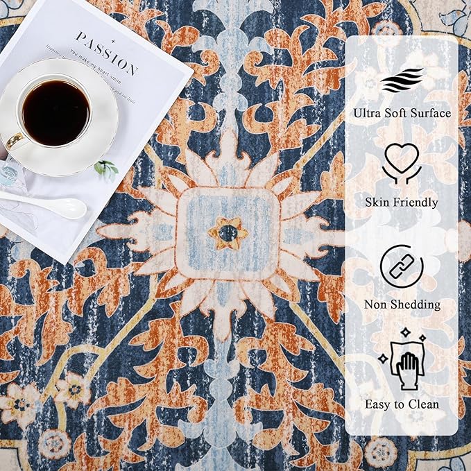 U'Artlines Boho Vintage Area Rug 5x7 Machine Washable Low Pile Soft Floor Carpet Non Slip Non Shedding Accent Rug for Living Room Bedroom Entryway Dining Room Office Orange＆Blue