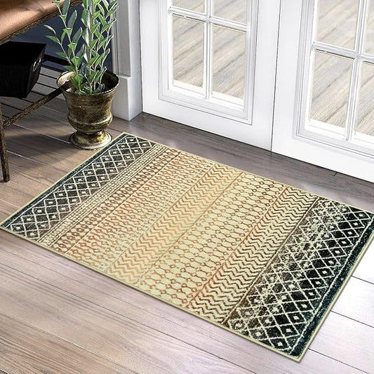 Washable Indoor Doormat, Brown Retro Non-Slip Bedroom Rug, Soft Low-Pile Distressed Boho Rug Floor Carpets for Entrance Bedside Kitchen Bathroom