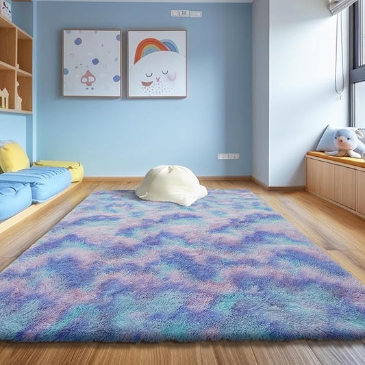 6x9 Fluffy Area Rug for Living Room,Shag Area Rugs for Bedroom,Soft Fuzzy Rug Non-Shedding Indoor Plush Carpet for Kids Bedroom Nursery Dorm Home Decor,Rainbow Purple