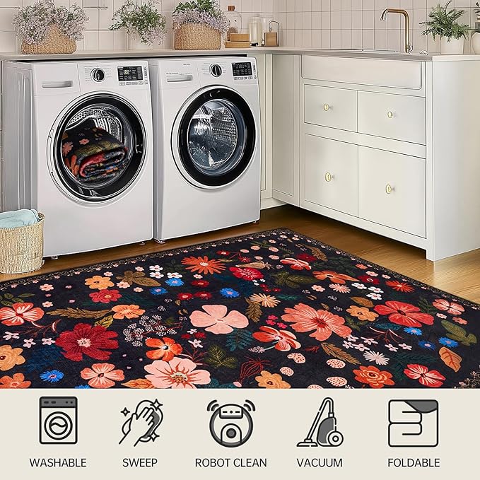 2x3 Rug Front Door Indoor Entrance Boho Vintage Floral Pattern Black Faux Wool Throw Rugs with Rubber Backing Washable Non Slip Stain Resistant Doormat Small Area Rugs for Entryway Kitchen Laundry