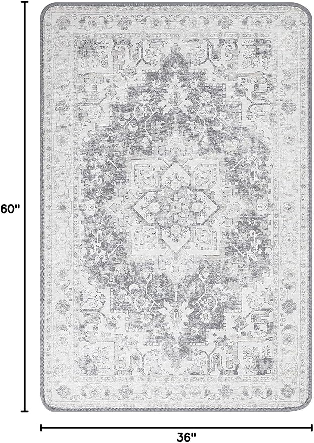 3X5 Area Rugs Machine Washable Rugs for Living Room, Vintage Boho Large Rugs for Bedroom Dining Room, Non Slip Indoor Soft Distressed Lightweight Thin Low Pile Carpet, Grey