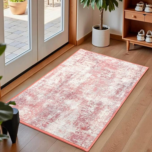 Washable Abstract Rug, 2x3 Small Modern Area Rugs with Non-Slip Rubber Backed for Kitchen, Thin but Soft Throw Carpet Bedroom Entryway Front Door Decor, Pink