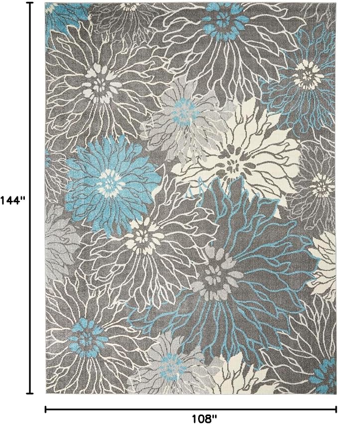Nourison Passion Charcoal/Blue 9' x 12' Area Rug, Floral, Farmhouse, Easy Cleaning, Non Shedding, Bed Room, Living Room, Dining Room, Kitchen (9x12)
