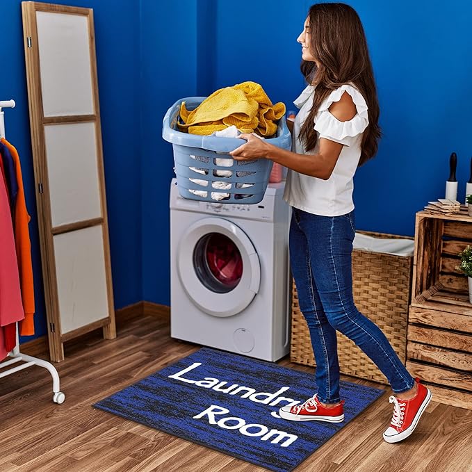 Machine Washable Text Design Laundry Room Rug Non-Slip Rubberback 2x3 Laundry Area Rug for Laundry Room, Bathroom, Washroom, 26" x 35", Black/Blue
