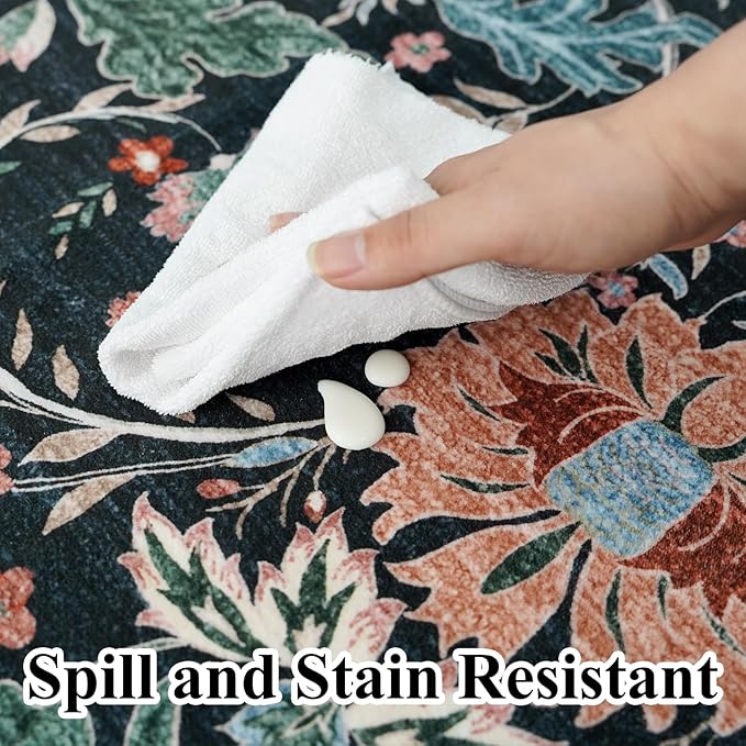 2x3 Floral Area Rug - Soft Oriental Vintage Farmhouse Style for Bathroom Entryway Kitchen - Non-Slip Backing Low Pile Stain Resistant Indoor Mat (2x3 Black/Green/Multi)