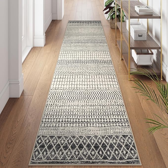Washable Runner Rugs for Hallway 2'6"x10',Soft Non Slip Moroccan Black Area Rug,Low Pile Long Kitchen Runner Rug Carpet Runners for Entrance Bedroom Living Room