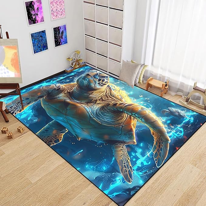 Sea Turtles Rug - Sea Turtle for Kids Boys Coastal Rugs for Bedroom Deep Ocean Life Theme Decor Ocean Carpet Rug, 63" L x 47" W