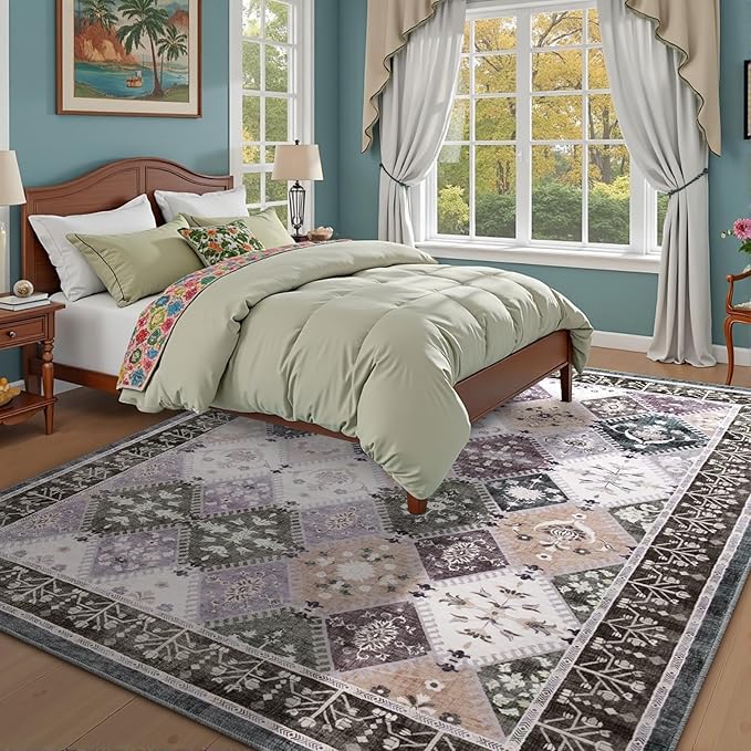 6x9 Washable Area Rug for Living Room, Boho Non-Slip Bedroom Rugs, Moroccan Floral Trellis Carpet Soft Low Pile Vintage Indoor Mat for Kitchen Laundry Room, Teal/Grey