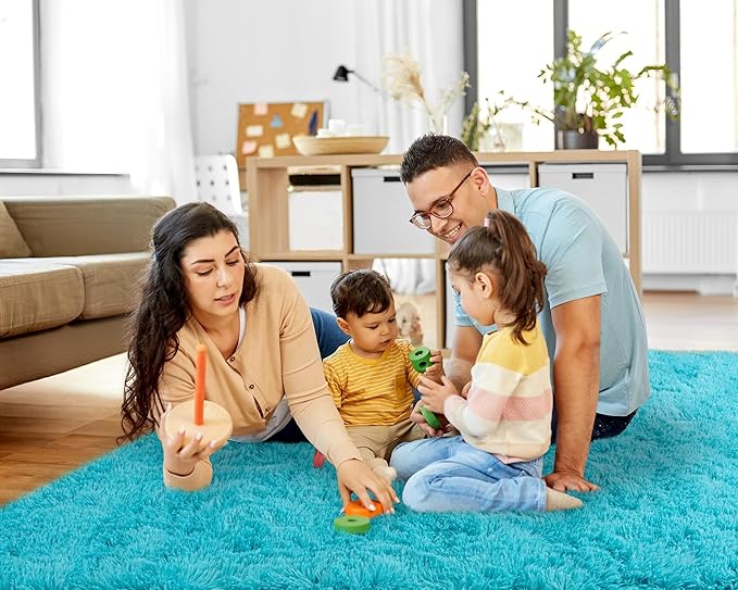 5x7 Rugs for Living Room, Large Fluffy Area Rugs for Bedroom, Soft Carpet Shag Kids Rug with 4 Non-Slip Rug Pads (Turquoise Blue, 5ft x 7ft)