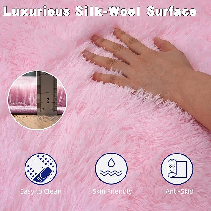 Pink Fluffy Rug for Bedroom 6x9 ft - Ultra Soft & Non Slip Shaggy Area Rug, Comfy Durable Carpet for Living Room Kids Room Teens Dorm Home Decor, 1.7'' Thick Indoor Plush Carpets