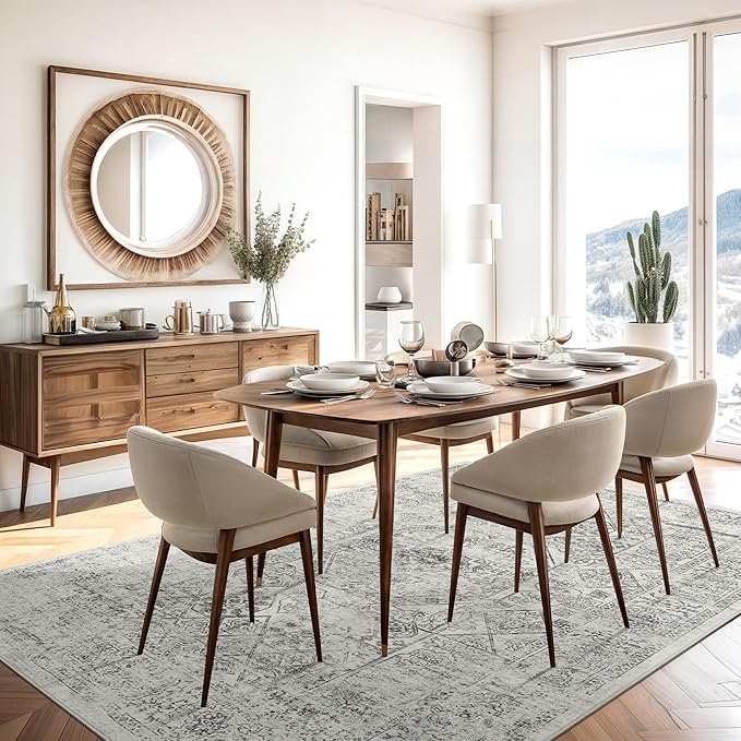 Washable Area Rug 8x10, Gray Soft Rug for Living Room Vintage 8x10 Area Rugs for Bedroom Dining Room Floral Non-Slip Thin Grey Rug
