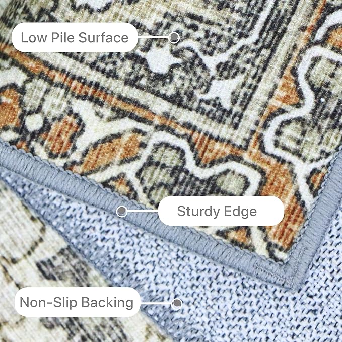 8X10 Area Rugs Machine Washable Rugs for Living Room, Vintage Boho Large Rugs for Bedroom Dining Room, Non Slip Indoor Soft Distressed Lightweight Thin Low Pile Carpet, Tan