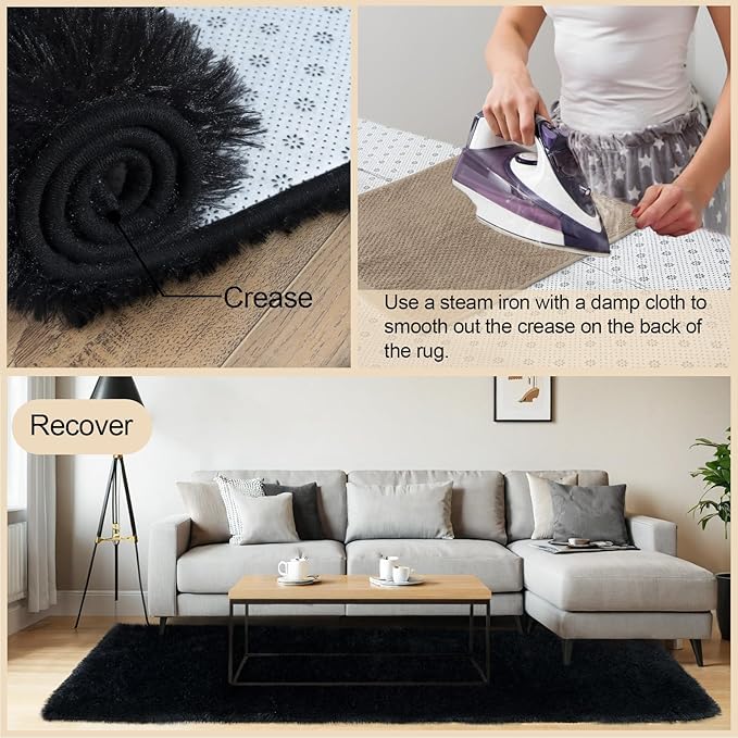 5x7 Rugs for Living Room, Black Large Fluffy Area Rugs for Bedroom, Soft Carpet Shag Kids Rug with 4 Non-Slip Rug Pads(5ft x 7ft, Black)