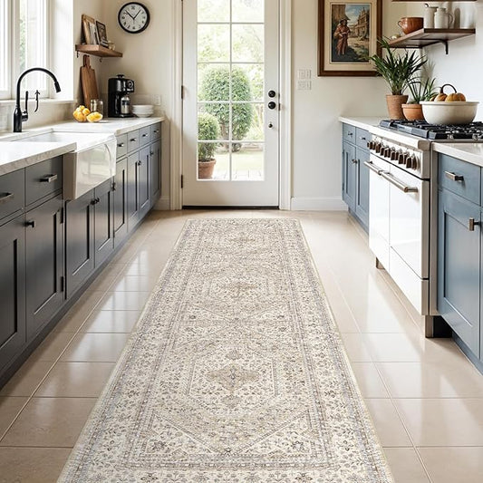 3x10 Runner Rug for Hallway Washable: Non Slip Kitchen Rugs with Rubber Backing Soft Waterproof Mats Stain Resistant Indoor Vintage Carpet Runner for Bedroom Bathroom Laundry Entryway Beige/Gray