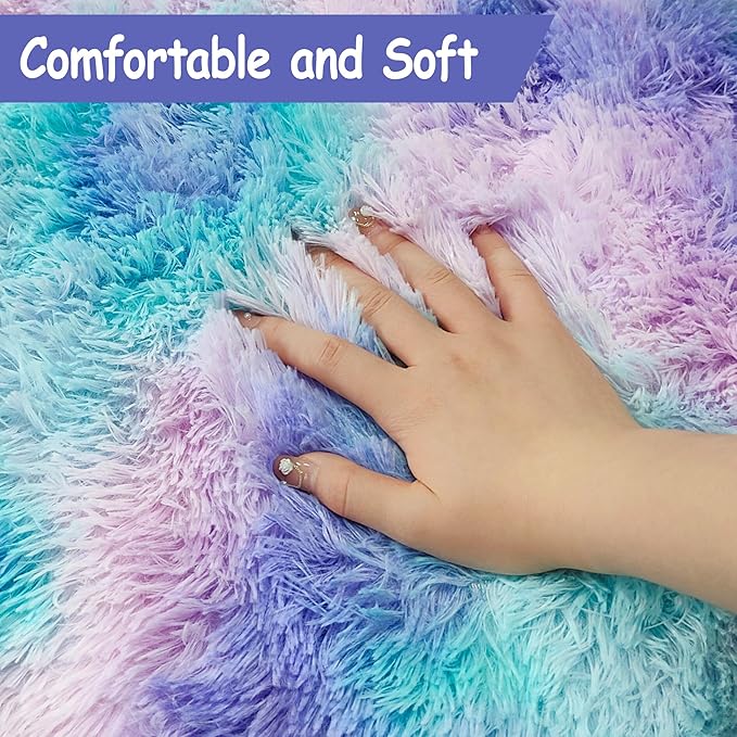 3x5Ft Purple Rainbow Area Rugs for Girls Room, Fluffy Colorful Rugs Cute Floor Carpets Shaggy Playing Mat for Kids Baby Girls Bedroom Nursery Home Decor Tie-Dyed Rainbow Rugs