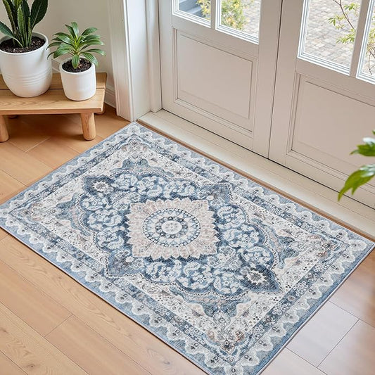 2x3 Small Area Rug for Entryway, Soft Washable Rugs with Non-Slip Backing for Bedroom Kitchen, Vintage Throw Carpet Laundry Entry Door Decor, Blue & Beige