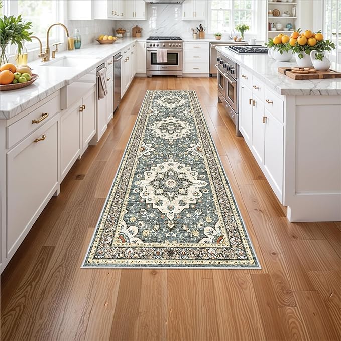 Washable Oriental Hallway Runner Rug - 3x12 Rugs for Living Room Soft Carpet for Bedroom Kitchen Waterproof Floral Distressed Indoor Stain Resistant Non-Shedding Floor Carpets (Blue, 3X12)